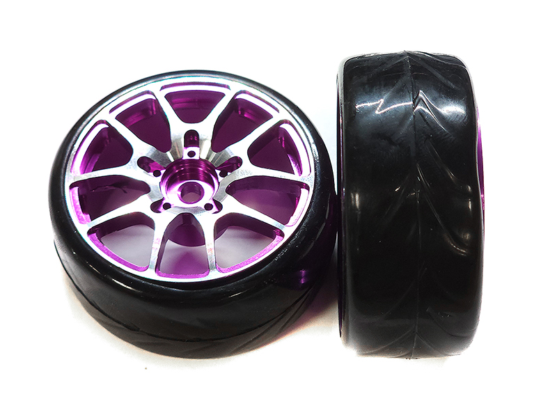 23.ZD29 Alloy 10 Spoke Wheels & Tires Set (2) for 1/10 Drift W=26mm (tire damaged) - Image 1