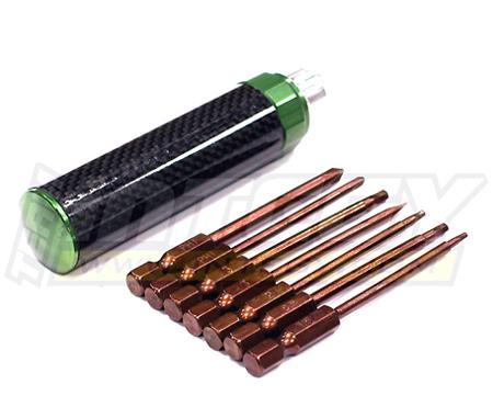 C23256GREEN QuickPit 7pcs Set w/ Carbon Fiber Handle, Metric Hex Wrench + Screw Driver Tips - Image 1