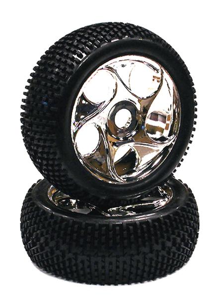 C23396CHROME Mounted 1/8 Buggy Aero-5 Spoke 17mm Wheel+Pattern H Tire Set (2) (O.D.=110mm) - Image 1