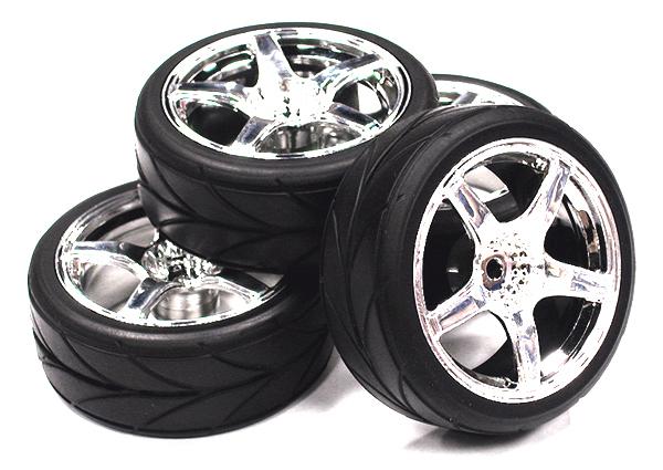 C23433SILVER 5 Spoke Complete Wheel & Tire Set (4) for 1/10 Touring Car W=26mm Offset 2.5mm - Image 1