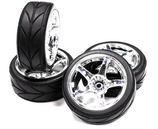 C23479SILVER 5 Spoke Complete Wheel & Tire Set (4) Wide Offset for 1/10 Touring Car - Image 1