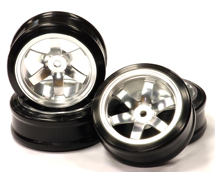 C23621SILVER V2 Billet Machined Alloy 6 Spoke Wheel + Drift Tire (4) Set - Offset 0.5mm - Image 1