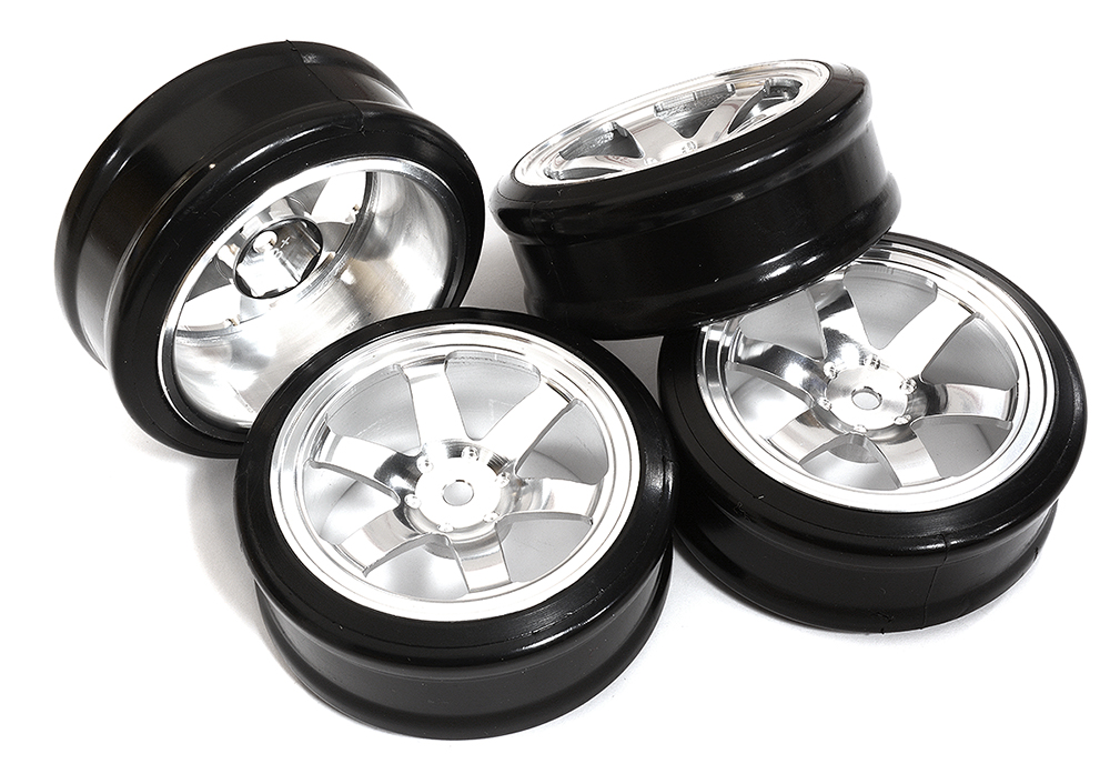 C23622SILVER Billet Machined Alloy 6 Spoke Wheel + Drift Tire (4) Set - Offset 0.5mm - Image 1