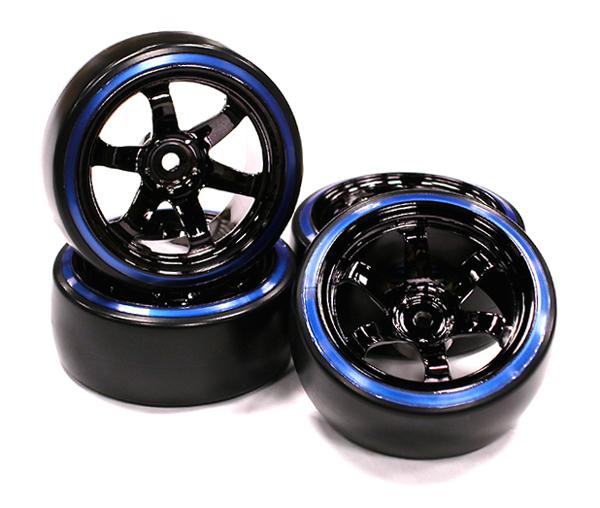 C23624BLUE Black 6 Spoke Wheel w/Outer Ring + Drift Tire (4) Set - Offset 10.5mm - Image 1