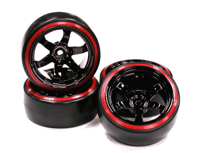 C23624RED Black 6 Spoke Wheel w/Outer Ring + Drift Tire (4) Set W=26mm Offset 10.5mm - Image 1