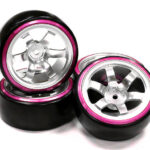 Machined 6 Spoke Wheel w/ Outer Ring + Drift Tire (4) Set W=26mm Offset 10.5mm