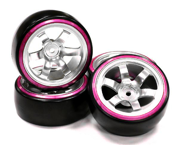 C23721PURPLE Machined 6 Spoke Wheel w/ Outer Ring + Drift Tire (4) Set W=26mm Offset 10.5mm - Image 1