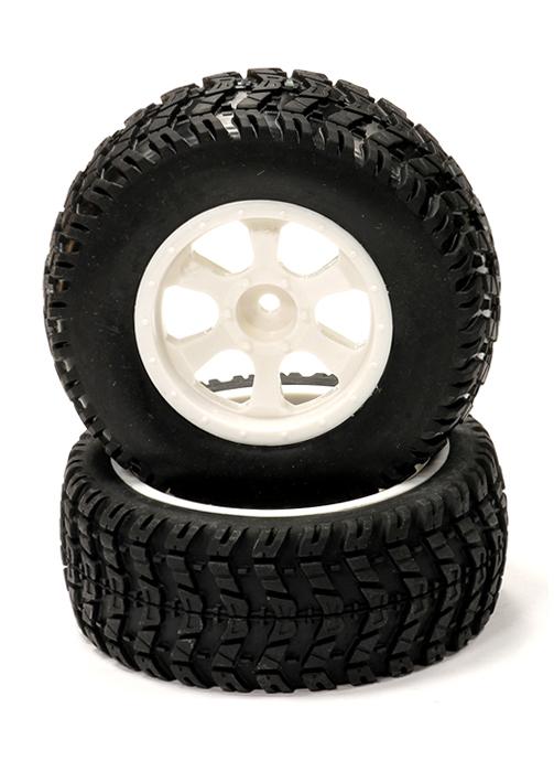 C23951WHITE All Terrain BX Tires+6 Spoke Wheels(2)12mm Hex for 1/10 Short Course(O.D.=108mm) - Image 1