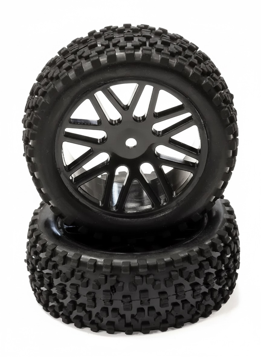 C24165BLACK Pre-Mounted 1/10 Buggy 16 Spoke Front 32mm All Terrain Q4026 12mm Hex (OD 87mm) - Image 1