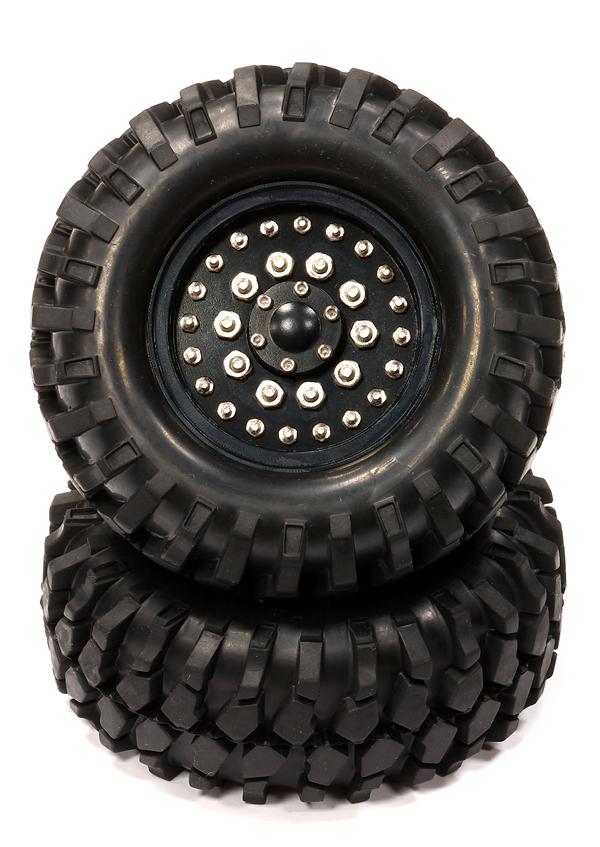 C24506BLACK Billet Machined H4 Spoke 1.9 Wheel & Tire Set (2) for Scale Crawler (O.D.=95mm) - Image 1