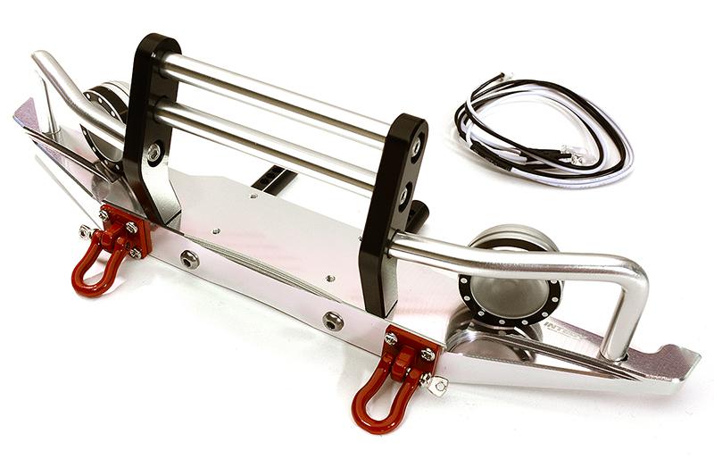 C24692SILVER Machined Alloy Front Bumper w/ LED (2) for Axial SCX-10, Dingo & Honcho AX80044 - Image 1