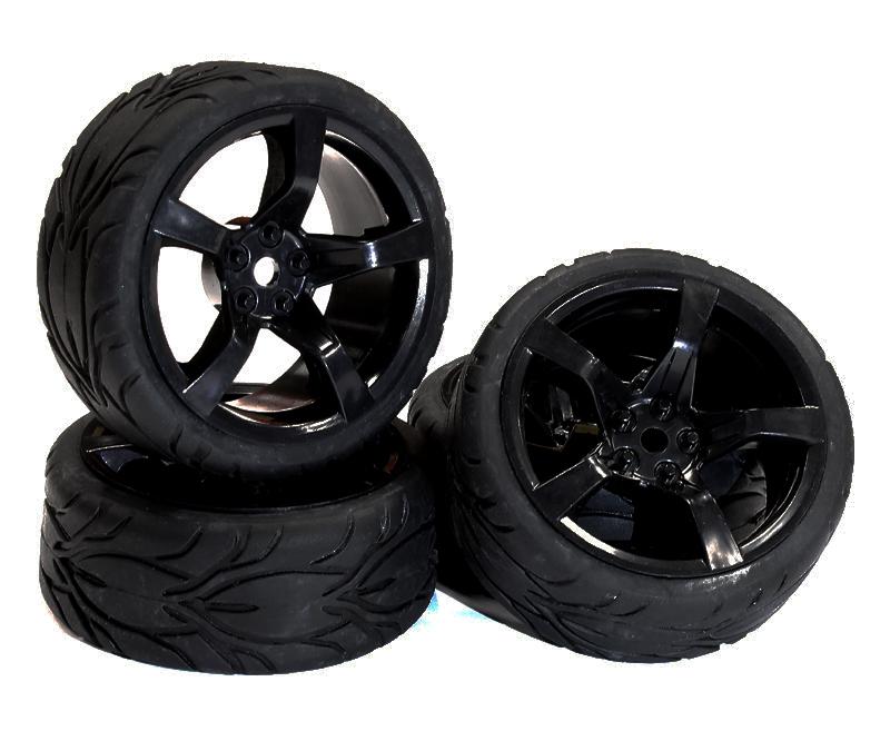 C24998BLACK Type RJ Complete Wheel & Tire Set (4) for 1/10 Touring Car W=26mm Offset 2.5mm - Image 1