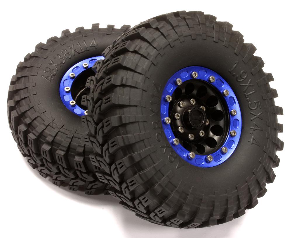 C25045BLUE Billet Machined 12H Spoke XT 1.9 Wheel & Tire (2) for Scale Crawler (O.D.=114mm) - Image 1