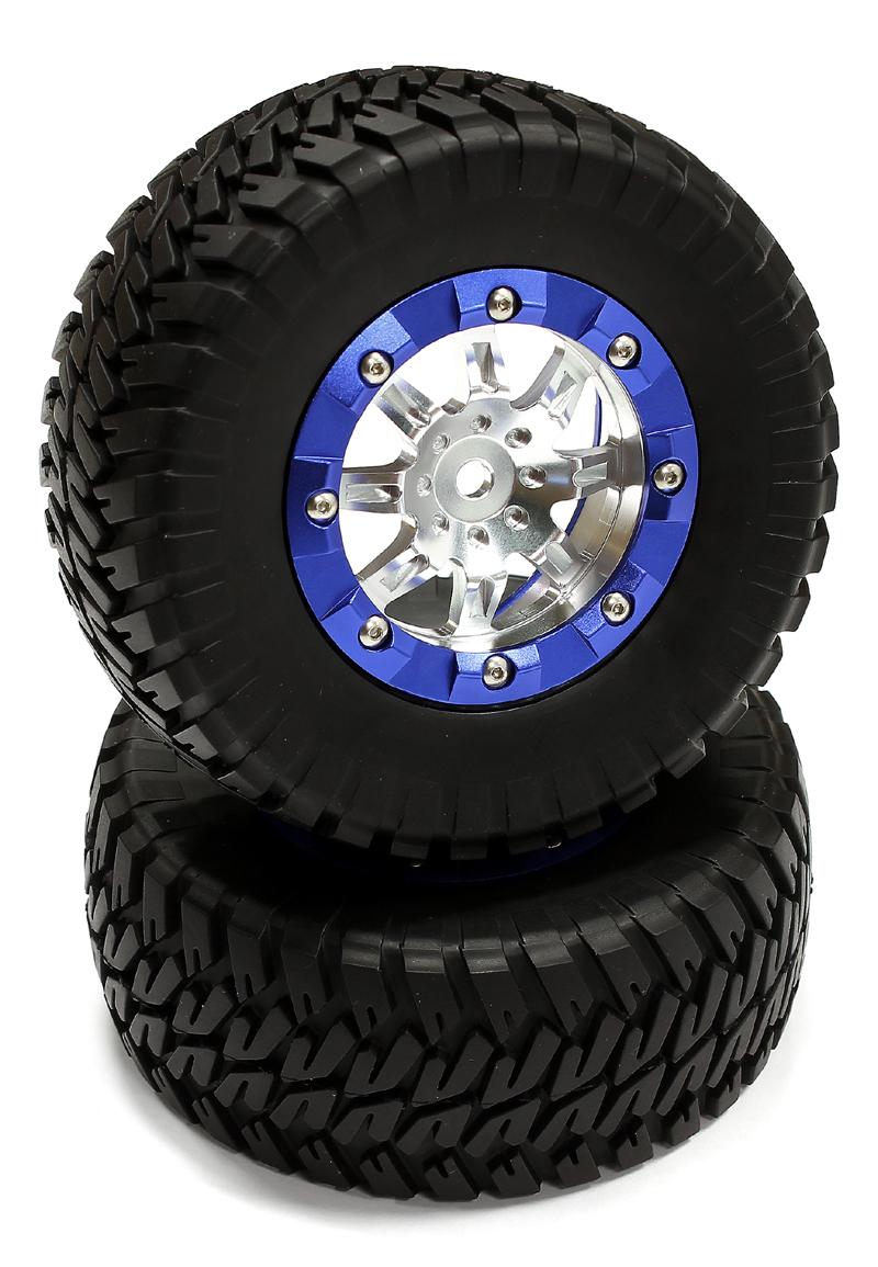 C25104BLUE Billet Beadlock Wheels (2) w/ Pavement Tire for 1/10 Short Course (O.D.=110mm) - Image 1