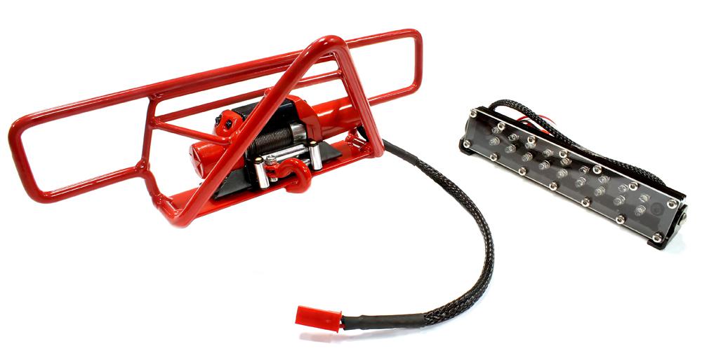 C25571RED Realistic Steel Front Bumper w/ Winch & Roof Top LED for SCX-10 43mm Mount - Image 1