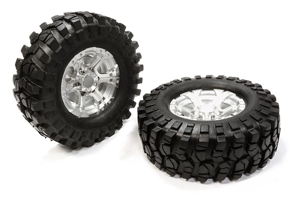 C25575SILVER Billet Machined 6 Spoke XH 1.9 Wheel & Tire (2) for Scale Crawler (O.D.=106mm) - Image 1