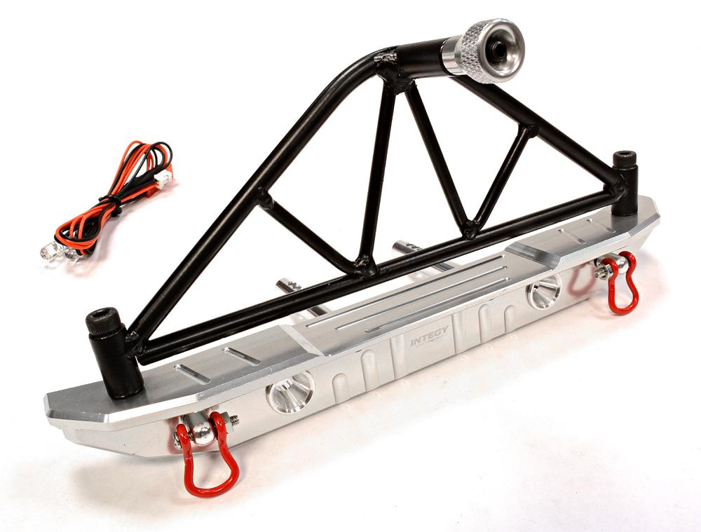 C25873SILVER Realistic Metal Rear Bumper with Spare Tire Rack & LED for SCX-10 43mm Mount - Image 1