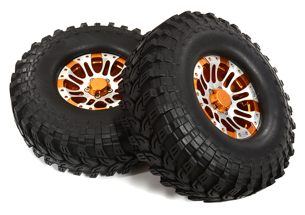 C26168ORANGE Billet Machined 8 Spoke DT 1.9 Wheel & Tire (2) for Scale Crawler (O.D.=113mm) - Image 1