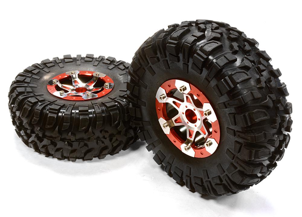 C26183RED Billet Machined 6 Spoke HX 2.2 Wheel & Tire(2) for 1/10 Rock Crawler(O.D.=135mm) - Image 1