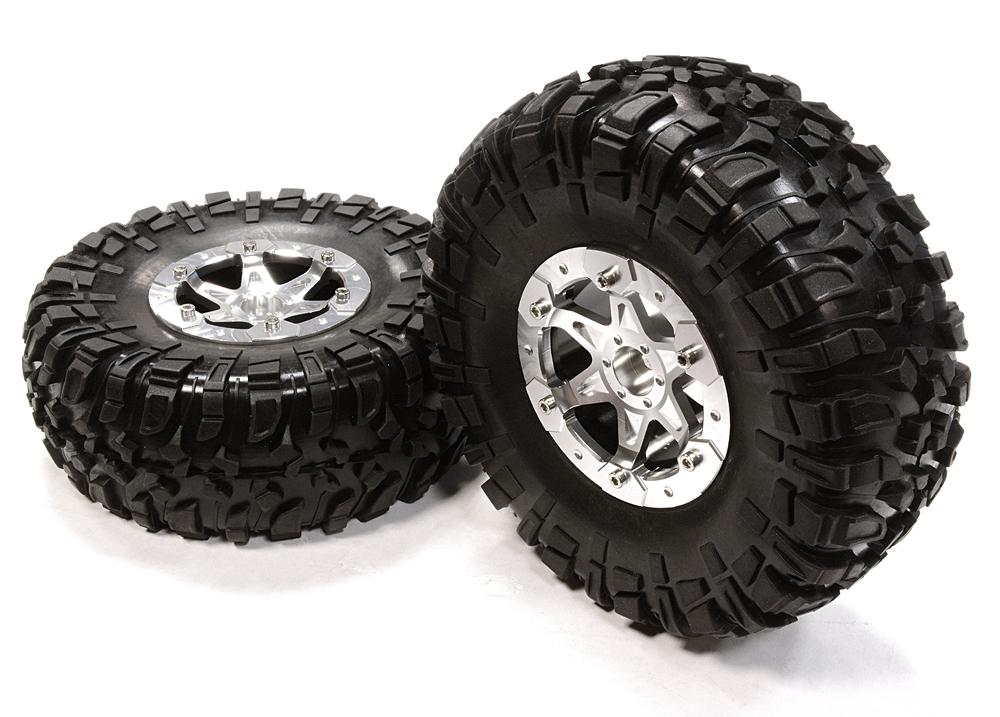 C26183SILVER Billet Machined 6 Spoke HX 2.2 Wheel & Tire(2) for 1/10 Rock Crawler(O.D.=135mm) - Image 1