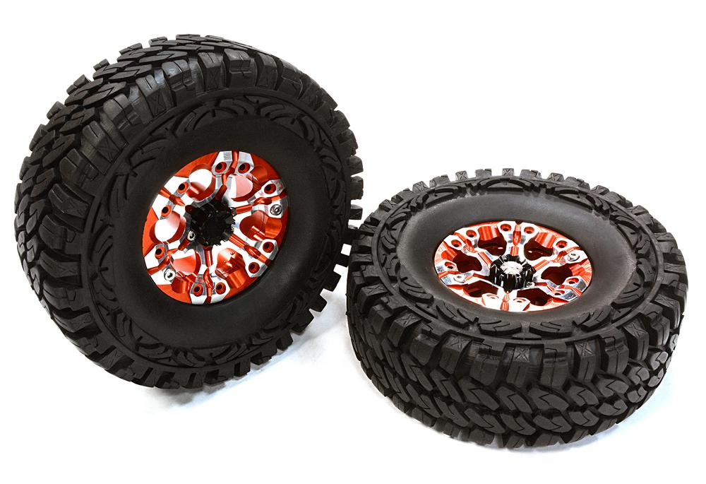 C26380RED Billet Machined X8 Spoke 1.9 Wheel & Tire Set (2) for Scale Crawler (O.D.=113mm) - Image 1