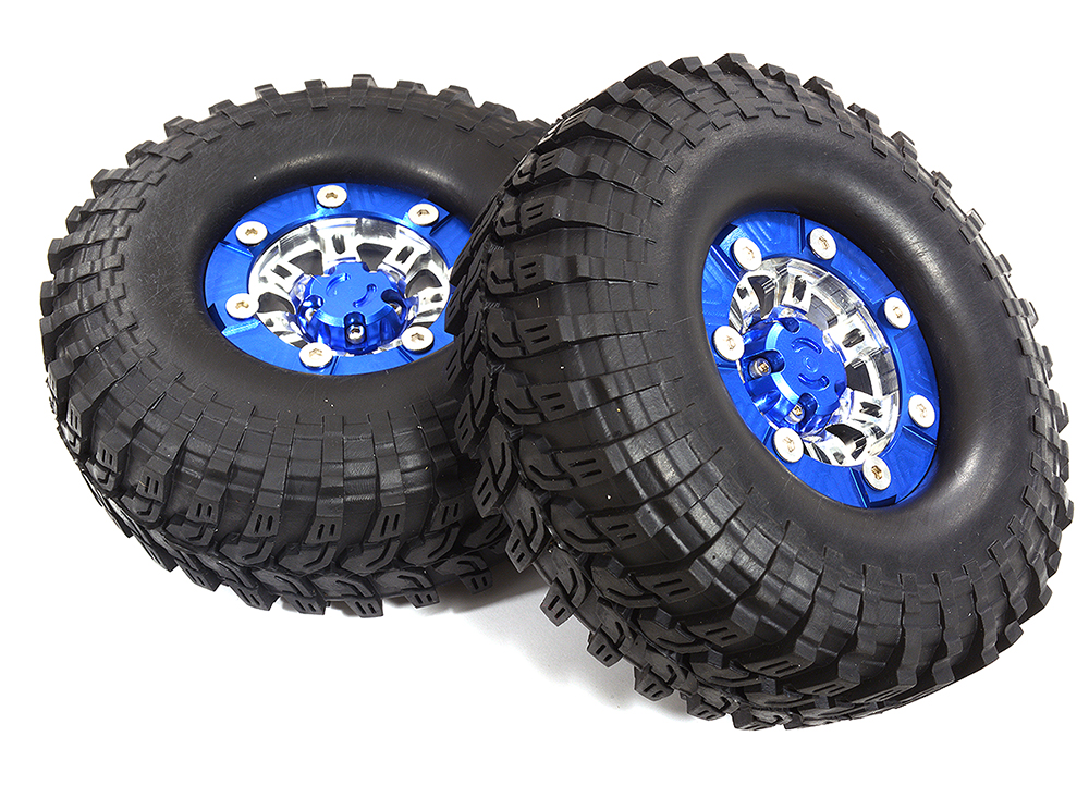 C26381BLUE Billet Machined X9 Spoke 1.9 Wheel & Tire Set (2) for Scale Crawler (O.D.=113mm) - Image 1