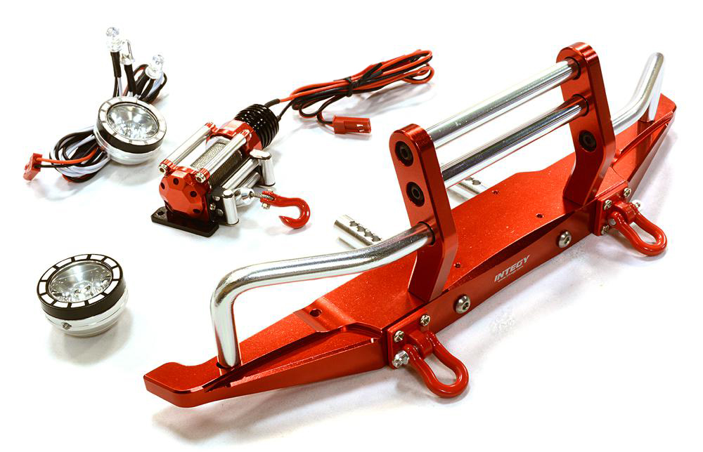 C26546RED Machined Front Bumper w/ Winch & LED (2) for SCX-10 Dingo & Honcho 43mm Mount - Image 1