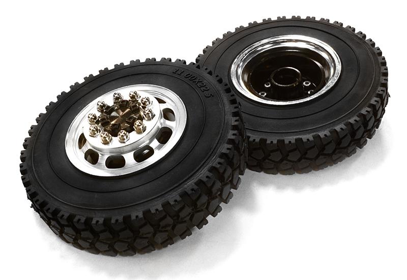 C26572BLACK Machined Alloy T5 Front Wheel & XD Tire Set for Tamiya 1/14 Scale Tractor Trucks - Image 1