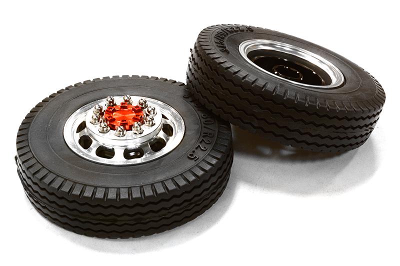 C26573RED Machined Alloy T5 Front Wheel & XE Tire Set for Tamiya 1/14 Scale Tractor Trucks - Image 1