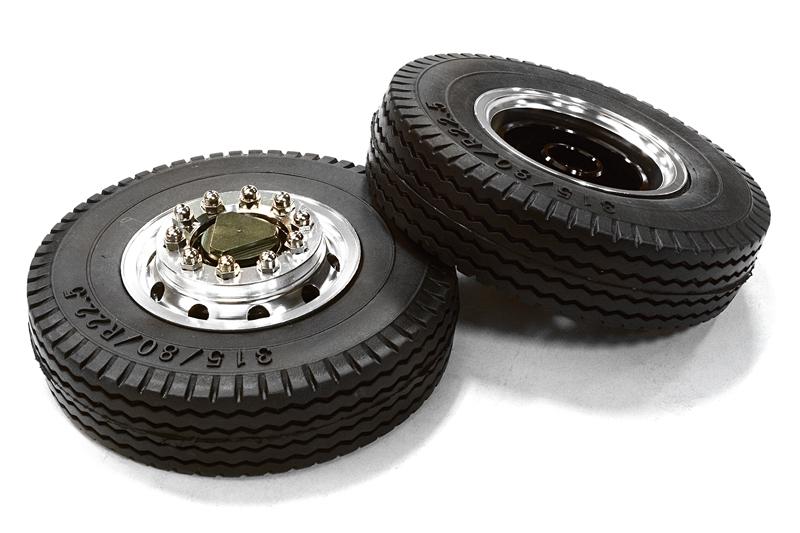 C26581GUN Machined Alloy T6 Front Wheel & XE Tire Set for Tamiya 1/14 Scale Tractor Trucks - Image 1
