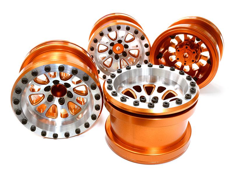 C26704ORANGE Billet Machined 12 Spoke Wheel Set (4) for Axial 1/10 Yeti Rock Racer - Image 1