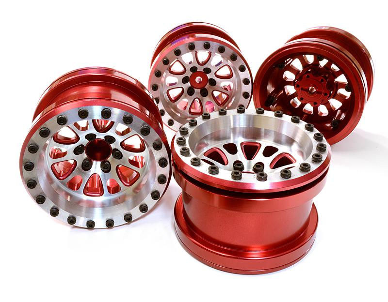 C26704RED Billet Machined 12 Spoke Wheel Set (4) for Axial 1/10 Yeti Rock Racer - Image 1