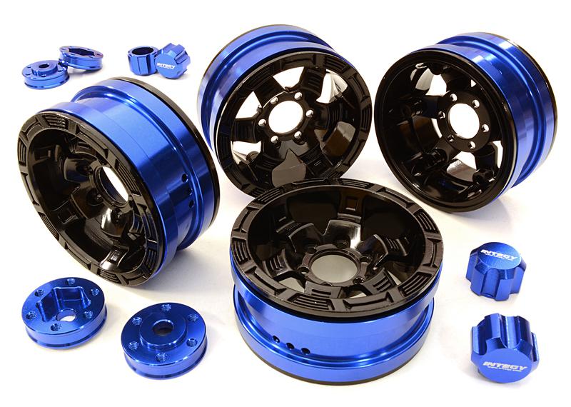 C26877BLUE Billet Machined 6 Spoke Wheels w/ 6 Bolt S-Adapters for Most 1.9 Scale Crawler - Image 1
