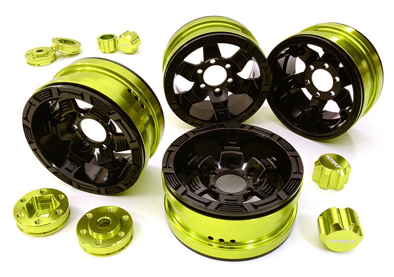 C26877GREEN Billet Machined 6 Spoke Wheels w/ 6 Bolt S-Adapters for Most 1.9 Scale Crawler - Image 1