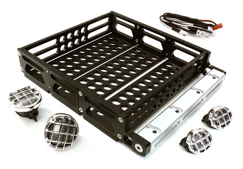 C26893BLACK Realistic 1/10 Scale Alloy Luggage Tray 125x106x24mm with 4 LED Spot Light Set - Image 1