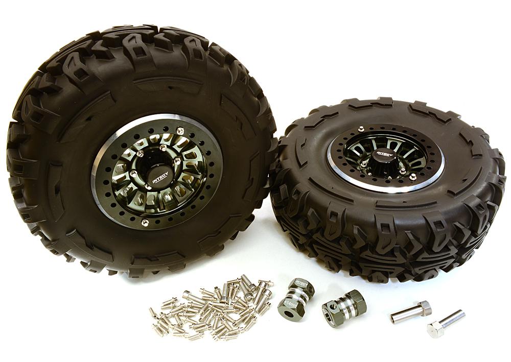 C27039GUN 2.2x1.5-in. High Mass Alloy Wheel, Tires & 14mm Offset Hubs for 1/10 Crawler - Image 1