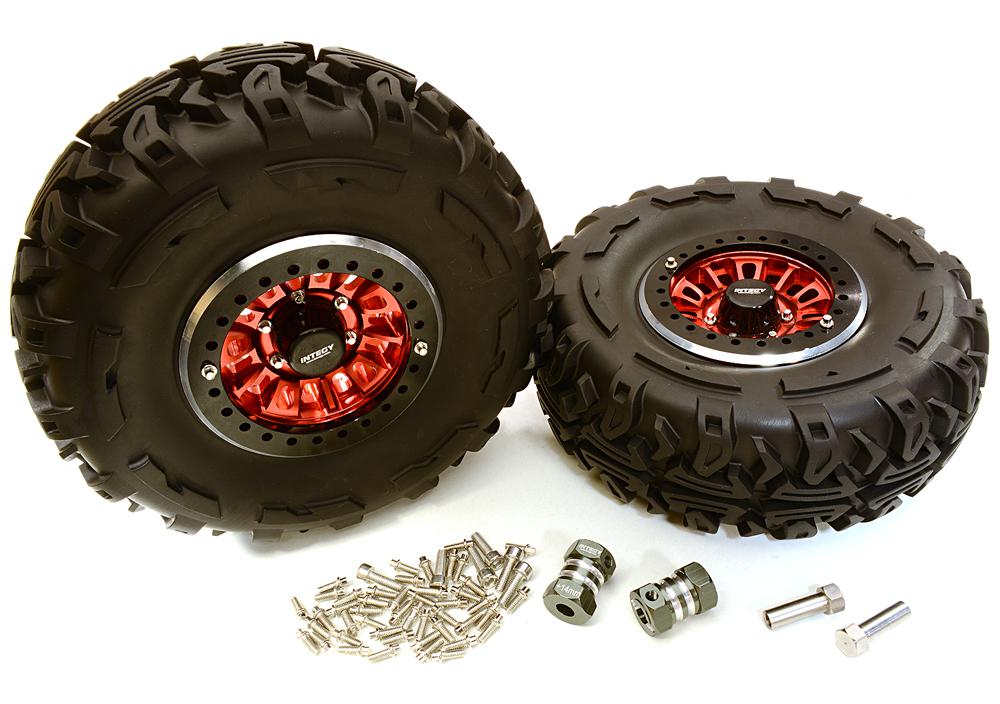 C27039RED 2.2x1.5-in. High Mass Alloy Wheel, Tires & 14mm Offset Hubs for 1/10 Crawler - Image 1