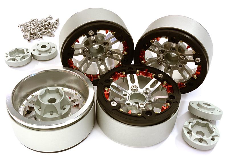 C27927SILVERBLACK Billet Machined 1.9 D6 Spoke Wheels w/ 0 & +6 Adapters for Traxxas TRX-4 - Image 1
