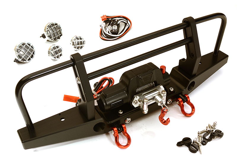 C28030BLACK Realistic Front Alloy Bumper w/ Winch & LED for Traxxas TRX-4 w/ 43mm Mount - Image 1