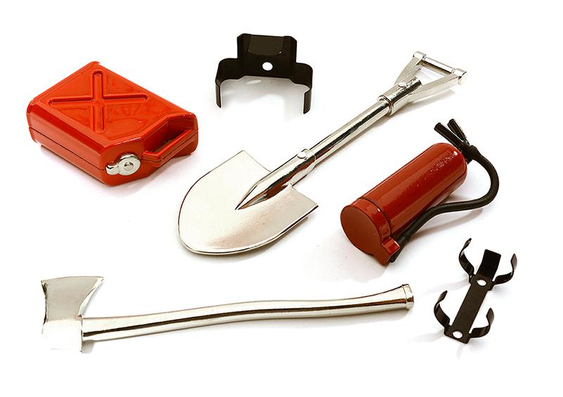 C28385 Realistic 1/10 Scale Fire Extinguisher, Axe, Jerry Can & Shovel Set for Off-Road - Image 1