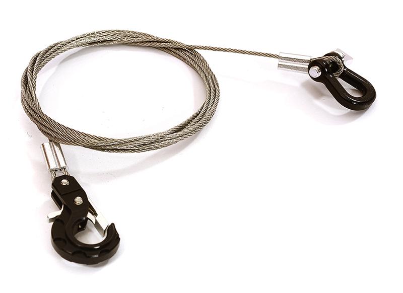 C28414BLACK Realistic 1/10 Scale Steel Tow Cable, D-Ring & Tow Hooks for Off-Road Crawler - Image 1