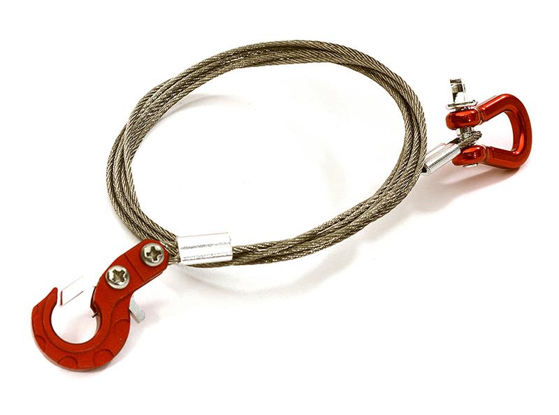 C28414RED Realistic 1/10 Scale Steel Tow Cable, D-Ring & Tow Hooks for Off-Road Crawler - Image 1