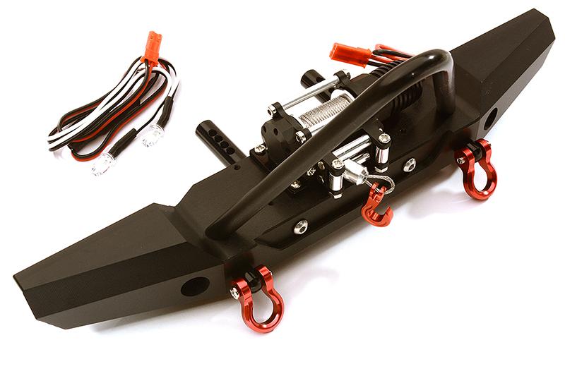 C28489BLACK Realistic Front Alloy Bumper w/ Winch & LED for Traxxas TRX-4 w/ 43mm Mount - Image 1