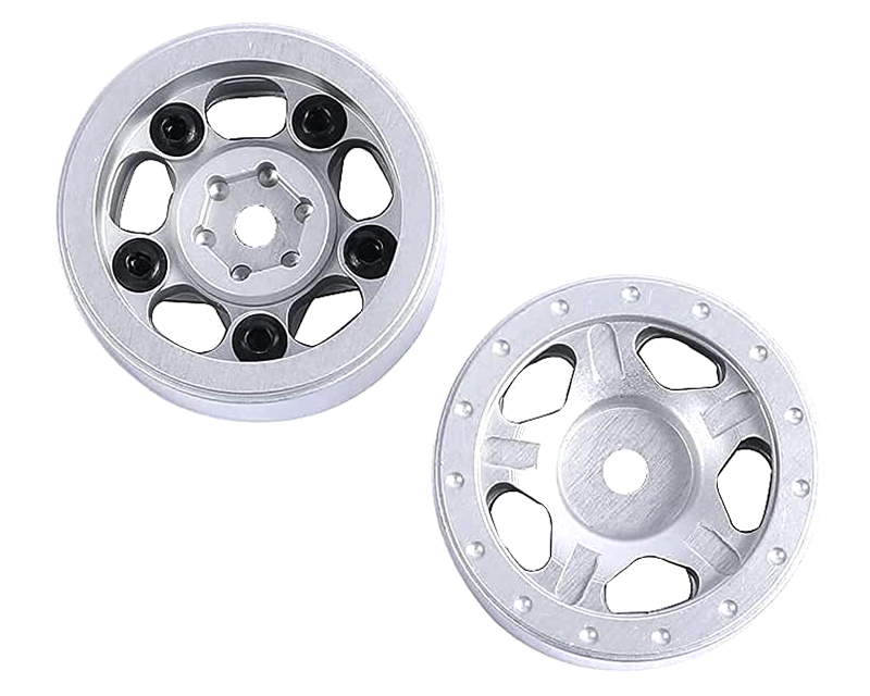 C30790SILVER Billet Machined Alloy Wheels (2) for Axial 1/24 SCX24 Rock Crawler - Image 1