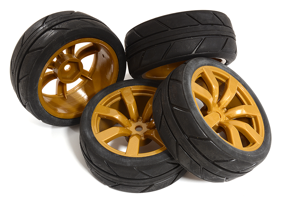 C30827 7 Spoke Complete Wheel & Tire Set (4) for 1/10 Touring Car W=26mm Offset 3.5mm - Image 1