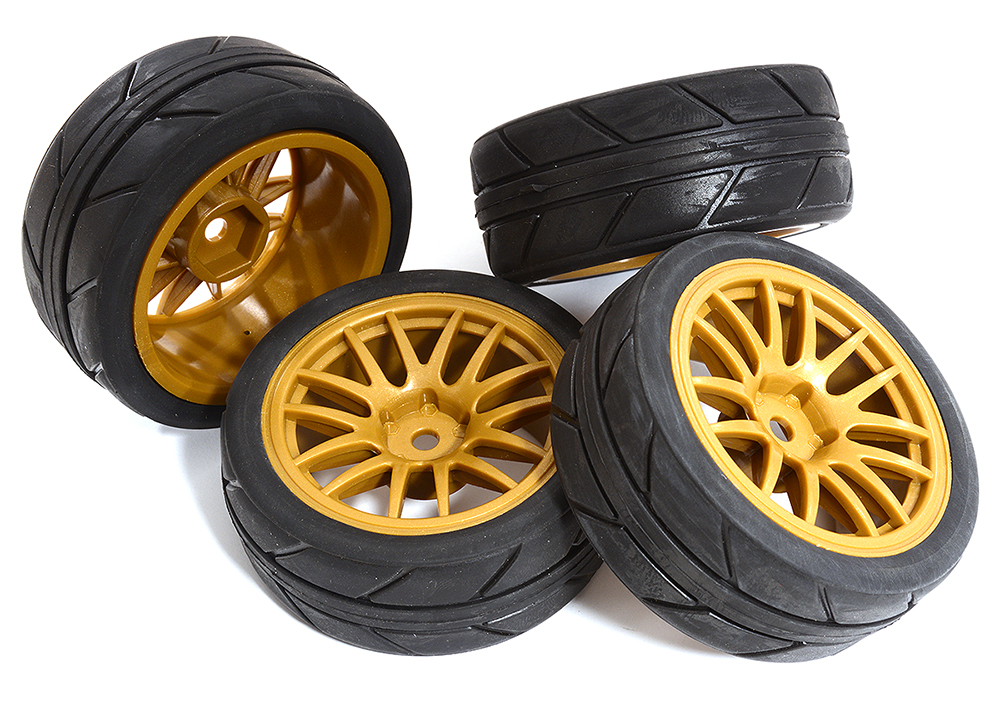 C30831 14 Spoke Complete Wheel & Tire Set (4) for 1/10 Touring Car W=26mm Offset 2.5mm - Image 1