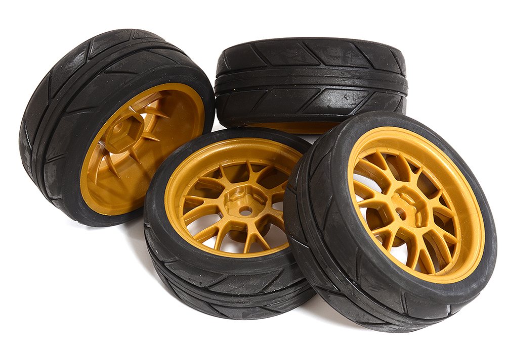 C30832 7Y Spoke Complete Wheel & Tire Set (4) for 1/10 Touring Car W=26mm Offset 4.5mm - Image 1