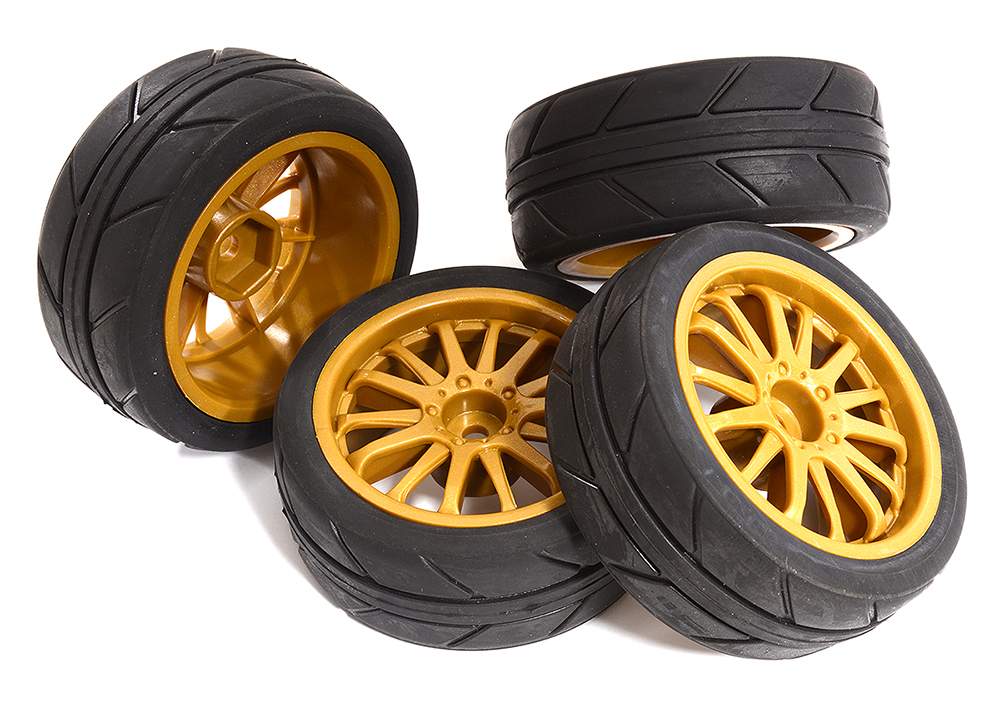 C30835 14 Spoke Complete Wheel & Tire Set (4) for 1/10 Touring Car W=26mm Offset 3.5mm - Image 1