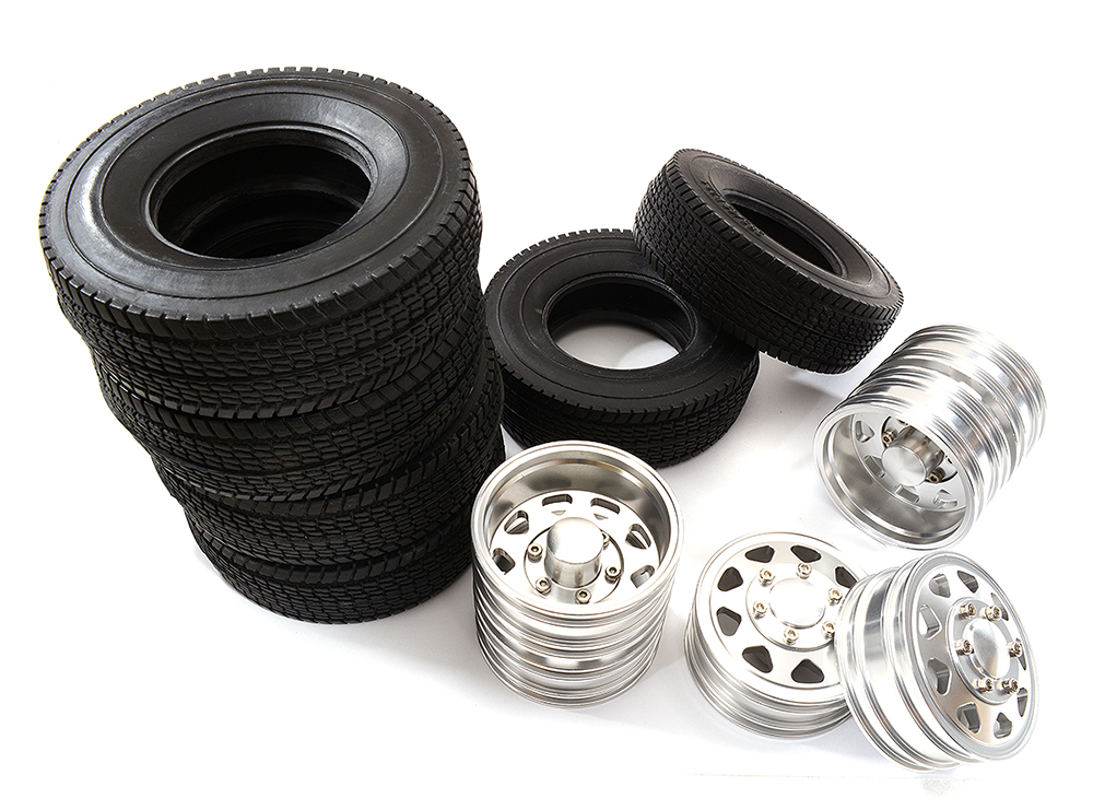 C31124 Front & Rear Alloy Wheel + Tire (4) Set for Tamiya 1/14 1838 1850 Truck - Image 1