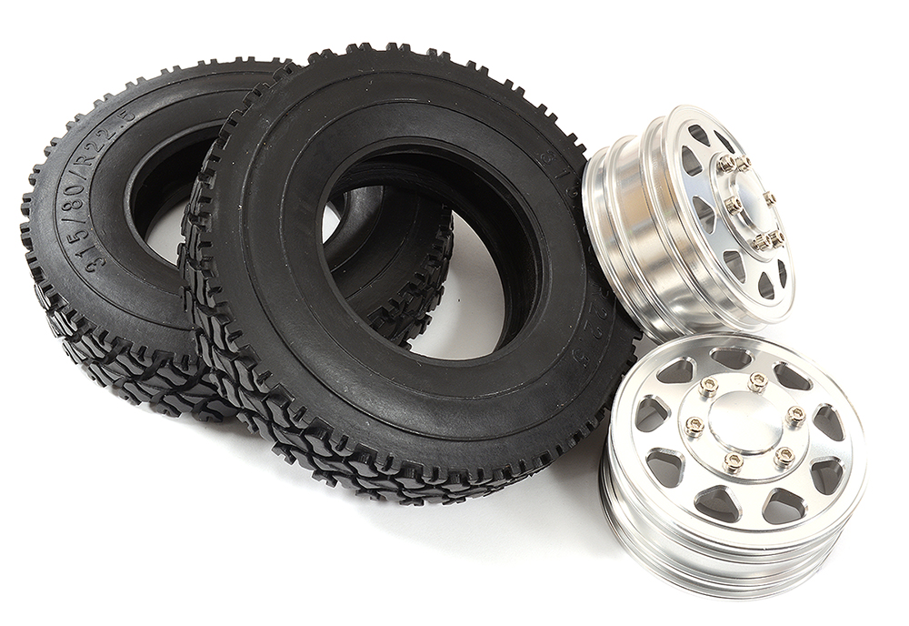 C31138 Machined Alloy Front Wheel & Tire (2) Set for Tamiya 1/14 Scale Trucks W=19mm - Image 1